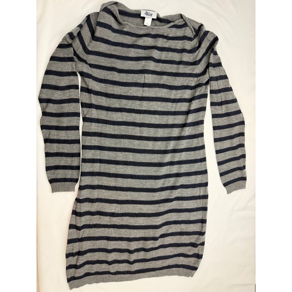 Ann Taylor LOFT Womens Medium Gray Navy Blue Striped Knit Sweater Dress